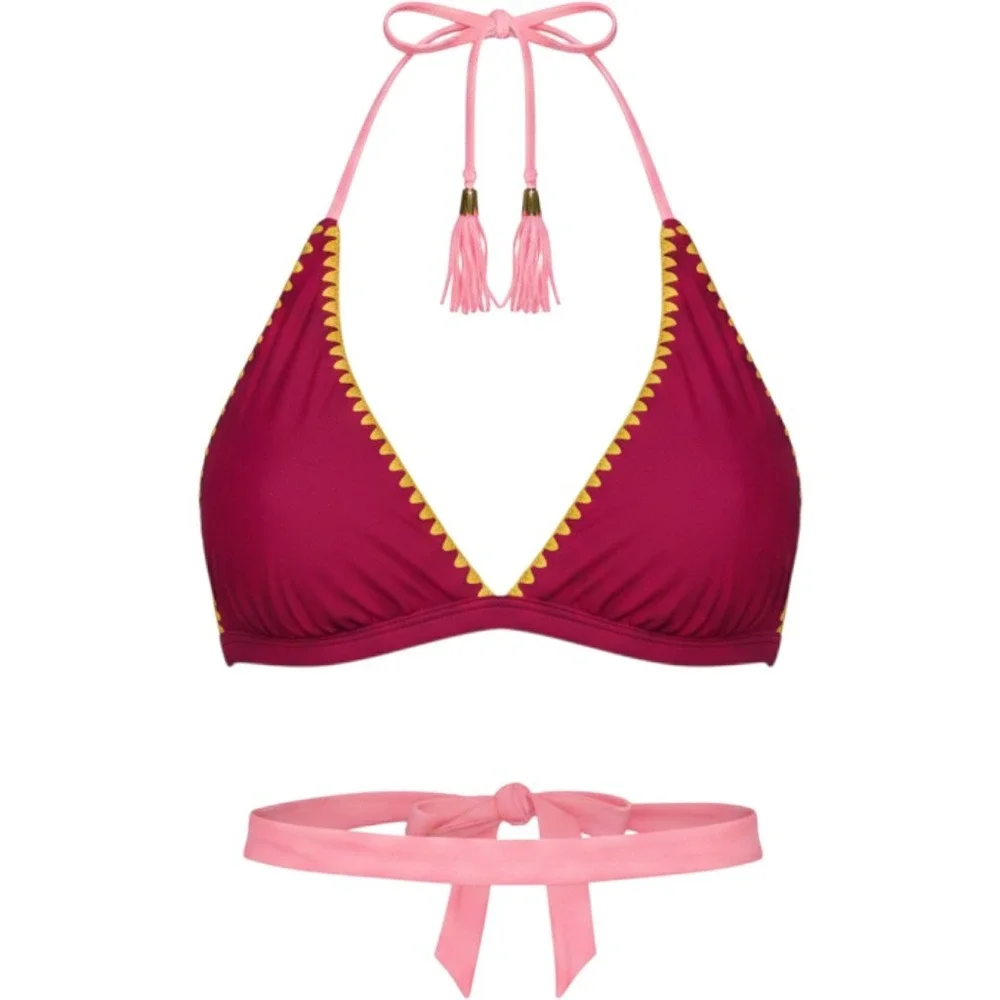 Burgundy High Neck Crochet Trim‎ Bikini Top Pink Tassels Gold Charms Boho